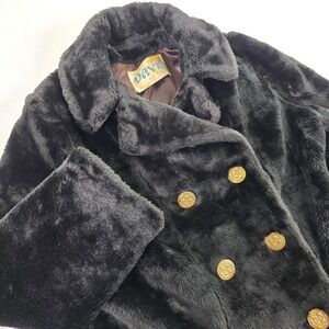 Styled by Davis of Boston Faux Fur Coat Womens  Vintage Black Gold Button